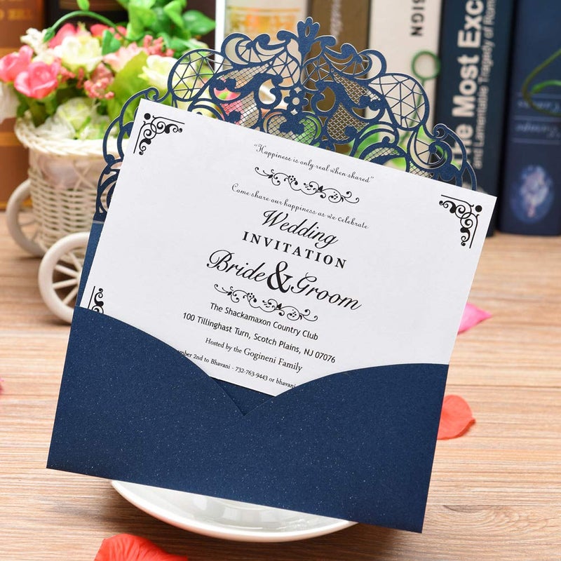 FOMTOR Laser Cut Wedding Invitation Cards Set w/Envelopes & Inserts & Seals â€“ for Wedding, Bridal Shower, Graduation, Birthday Party, Engagement, Anniversary Blue 50Pcs - Image 3
